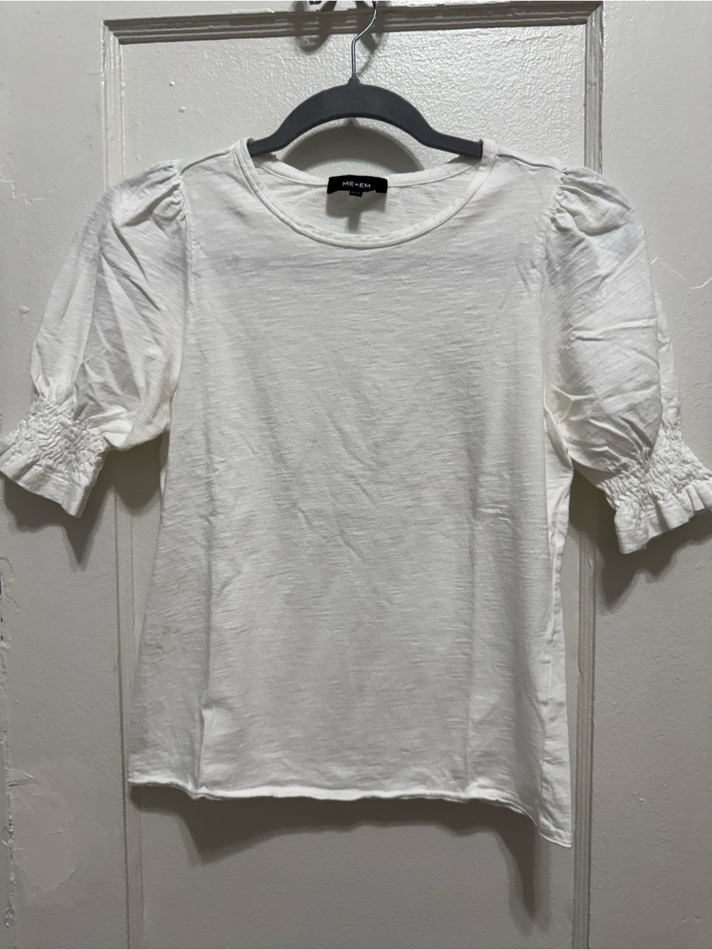 ME+EM White Puff-Sleeve Cotton Tee with Smocked Cuffs